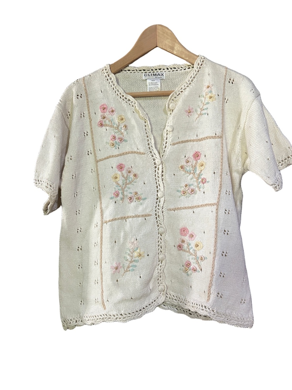 Coastal Grama Cream Embroidered Knit  Short Sleeve Cardigan Size M